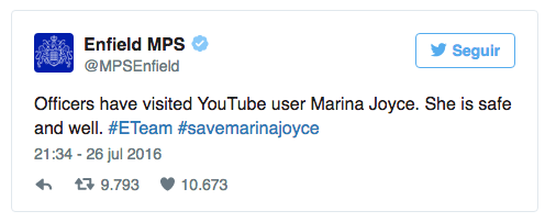 Los fanáticos de la youtuber crearon el hashtag #Savemarinajoyce (“Salven a Marina Joyce”) e incluso movilizaron a la policía local. “Agentes han visitado a la usuaria de YouTube Marina Joyce. Está a salvo y bien”, comentaron las autoridades en sus redes sociales. Crédito: Twitter.com/MPSEnfield