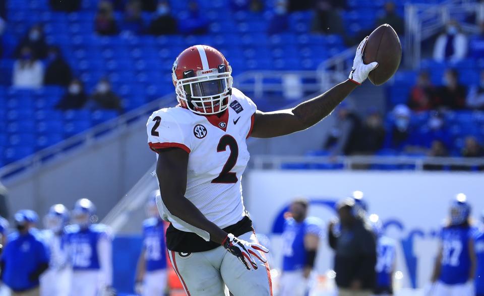 Richard LeCounte celebrates after a fumble recovery.