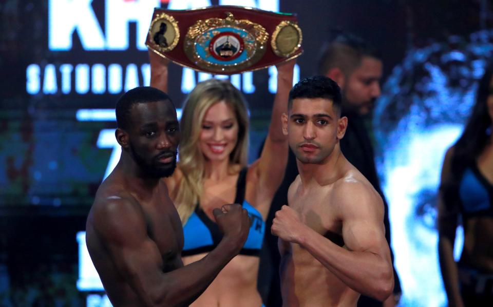 Terence Crawford & Amir Khan Weigh-In - Madison Square Garden, New York, U.S. - April 19, 2019 Terence Crawford and Amir Khan pose during the weigh-in - ACTION IMAGES