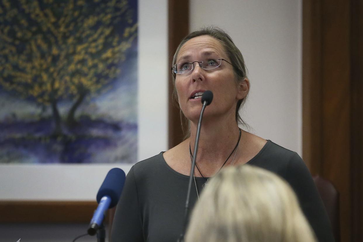 Scarlett Lewis, mother of 6-year-old Sandy Hook shooting victim Jesse Lewis, testifies against Alex Jones Tuesday Aug. 2, 2022, at the Travis County Courthouse in Austin.  