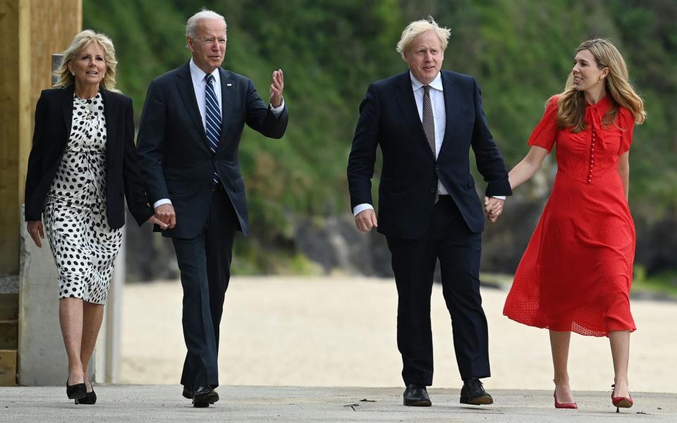 One of the first things on the agenda for the Bidens after arriving in the UK was an informal walkabout with the Johnsons - BRENDAN SMIALOWSKI/AFP via Getty Images