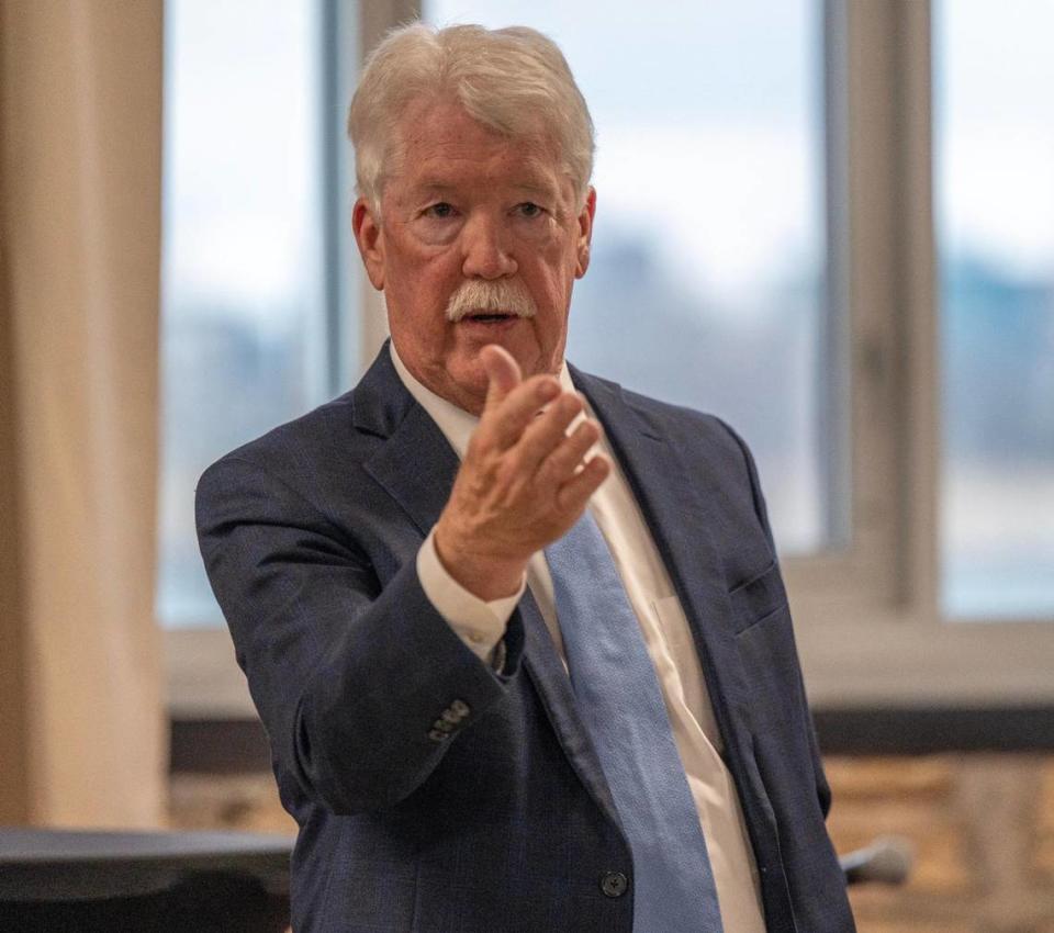 John Sherman, owner of the Kansas City Royals, answers questions during a community event discussing the sales tax for a new downtown ballpark for the Royals and renovations for Arrowhead Stadium at 2000 Vine St. on Tuesday, March 26, 2024, in Kansas City.