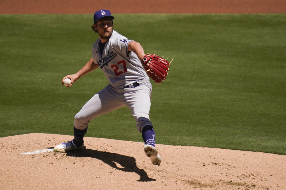 Los Angeles Dodgers starting pitcher Trevor Bauer works against a San Diego Padres batter during the first inning of a baseball game Sunday, April 18, 2021, in San Diego. (AP Photo/Gregory Bull)