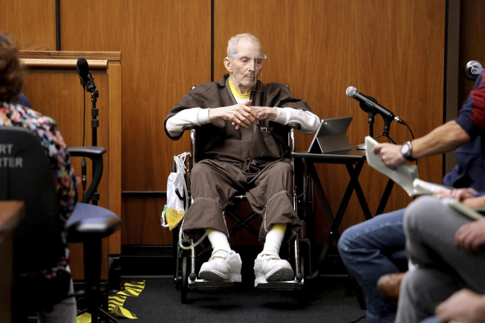 New York real estate scion Robert Durst, 78, takes the stand and testifies in his murder trial at the Inglewood Courthouse on Monday, Aug. 9, 2021, in Inglewood, Calf. Durst is charged with the 2000 murder of Susan Berman inside her Benedict Canyon home. He testified Monday that he did not kill his best friend Berman. (Gary Coronado /Los Angeles Times via AP, Pool)