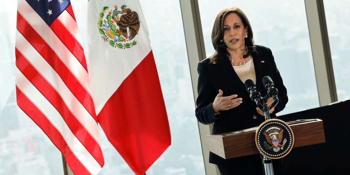 U.S. Vice President Kamala Harris delivers remarks during a press conference at the Sofitel Mexico City Reforma hotel in Mexico City, Mexico June 8, 2021. REUTERS/Carlos Barria