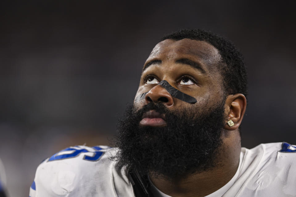 ARLINGTON, TX - DECEMBER 30: Isaiah Buggs #96 of the Detroit Lions looks on the sideline during the NFL football game against the Dallas Cowboys at AT&T Stadium on December 30, 2023 in Arlington, Texas.  (Photo by Perry Knotts/Getty Images)