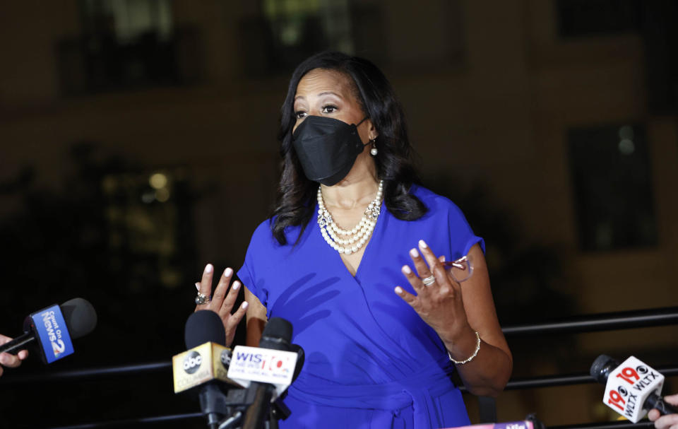 Democratic candidate for South Carolina governor Sen. Mia McLeod speaks to supporters before all votes are in on Tuesday, June 14, 2022, in Columbia, S.C. (Tracy Glantz/The State via AP)