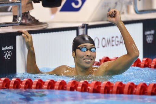 Japan's Kosuke Hagino reacts after he competed in the men's 400m individual medley heats swimming event at the London 2012 Olympic Games