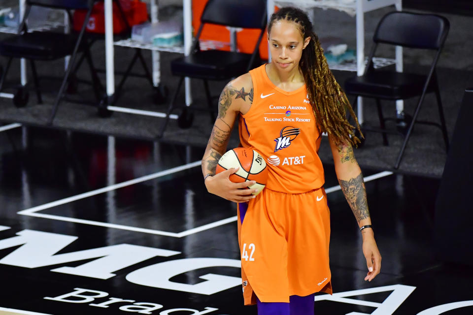 Brittney Griner with ball in hand. 