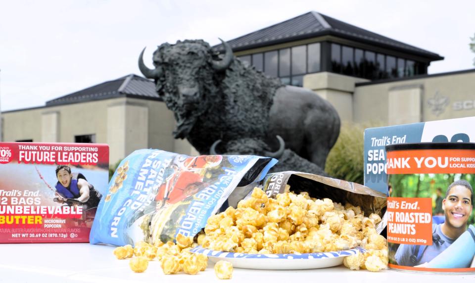 Boy Scout Trail's End popcorn and other products are displayed in front of the Buffalo Trace Council Eykamp Scout Center in Evansville.