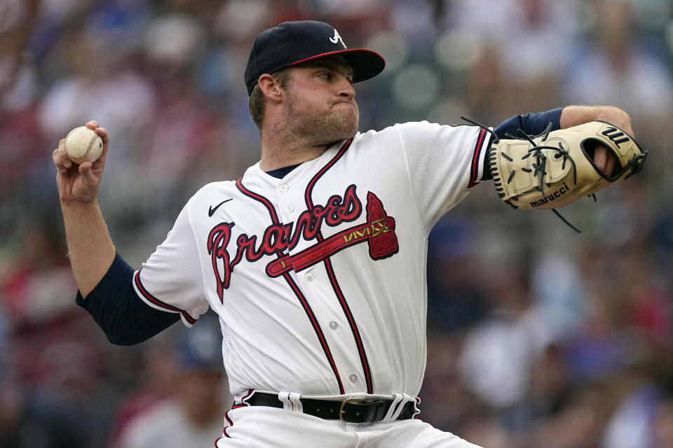 Atlanta Braves starting pitcher Bryce Elder works against the Los Angeles Dodgers in the first inning of a baseball game, Wednesday, May 24, 2023, in Atlanta. (AP Photo/John Bazemore)