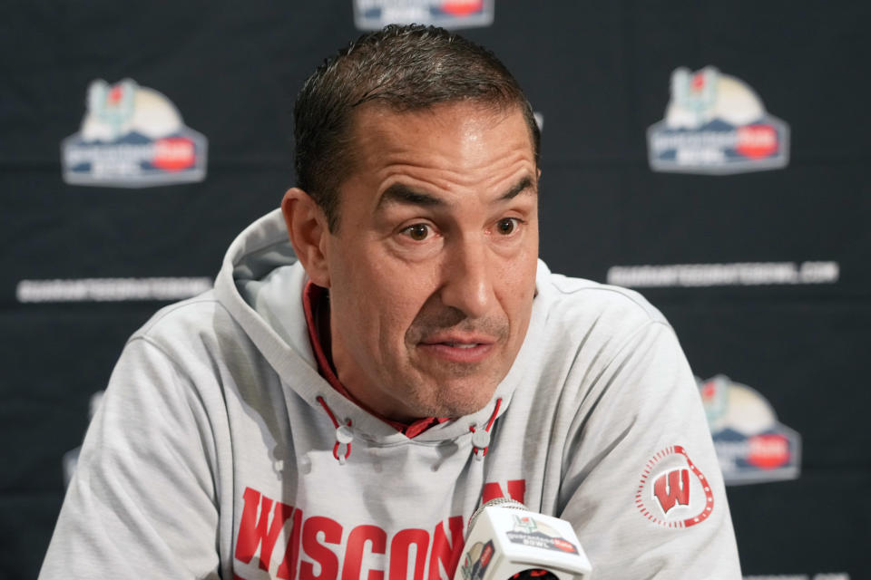 Dec 26, 2022; Scottsdale, Arizona, USA; Wisconsin Badgers coach Luke Fickell during Guaranteed Rate Bowl media day at the JW Marriott Camelback Inn. Mandatory Credit: Kirby Lee-USA TODAY Sports