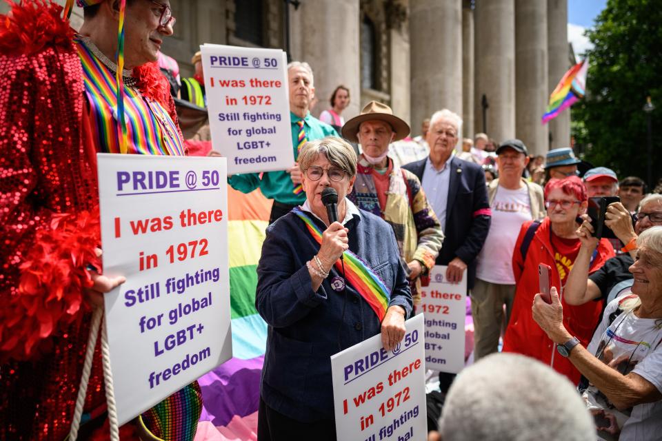 Veteran gay rights activists address the gathering during an event to mark fifty years since the first UK Pride March (Getty Images)