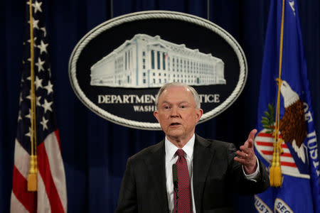 U.S. Attorney General Jeff Sessions speaks at a news conference at the Justice Department in Washington, U.S., March 2, 2017. REUTERS/Yuri Gripas