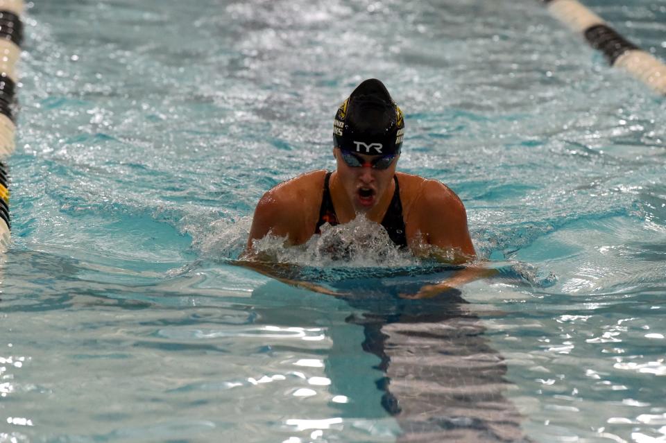 Corning's Angie McKane swims the breaststroke portion of the 200-yard IM as Watkins Glen High School hosted the Girls Invitational in the Glen on Sept. 23, 2023. McKane won the event in a pool-record 2:06.09.