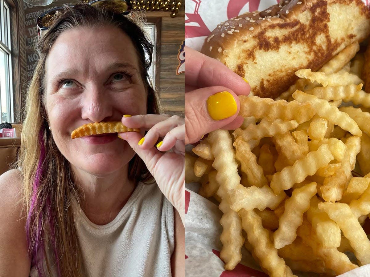 The writer holds a crinkle-cut fry over her lip like a mustache; The writer holds a fry next to a meal with more fries and chicken from Raising Cane's