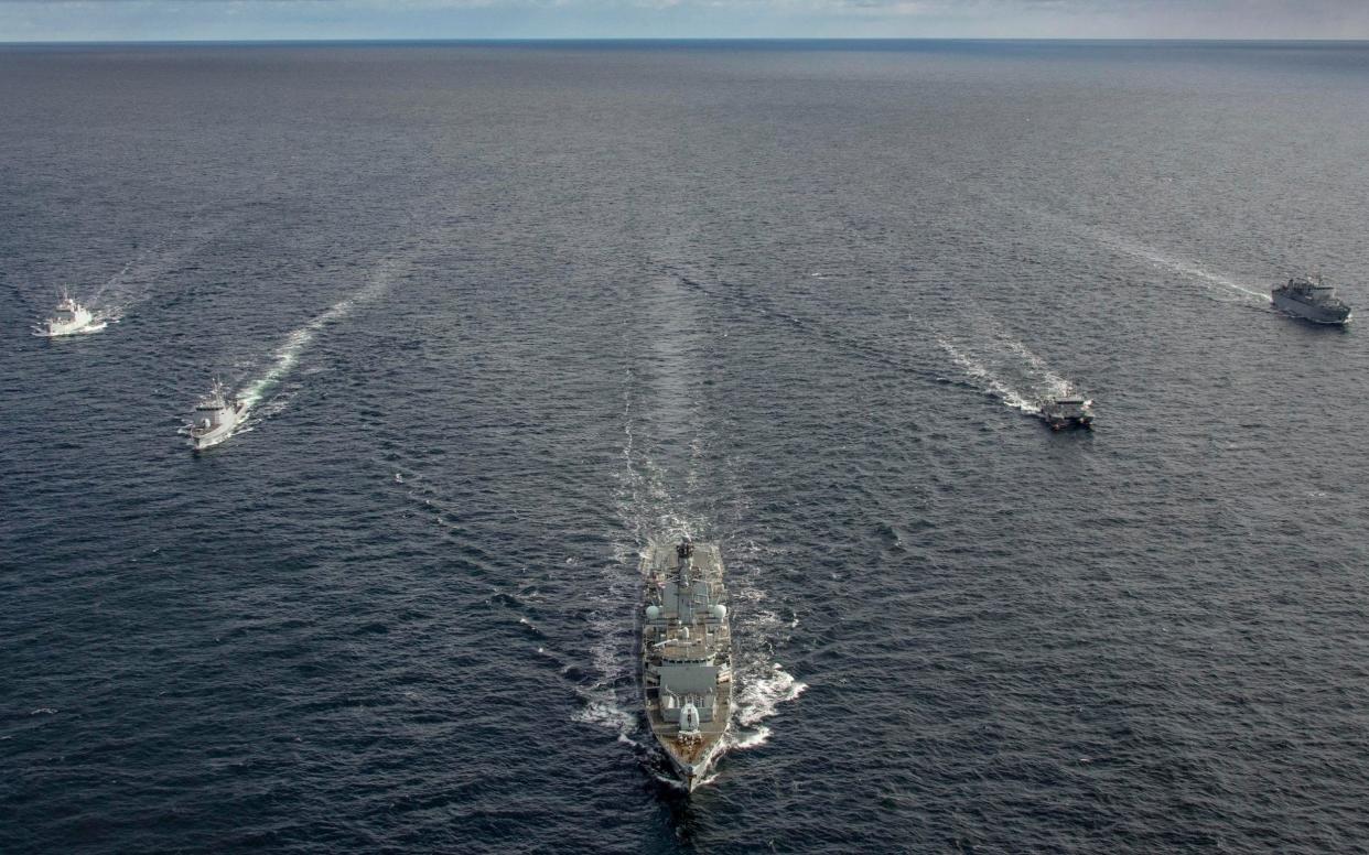Handout dated 09/03/21 issued by MoD showing (left to right) ENS Wambola, LNS Selis, HMS Lancaster, LVNS Jelgava and LNS Jotvingus in the Baltic Region. he HMS Lancaster (centre) on excercises in the Baltic Region.  - Royal Navy/MOD