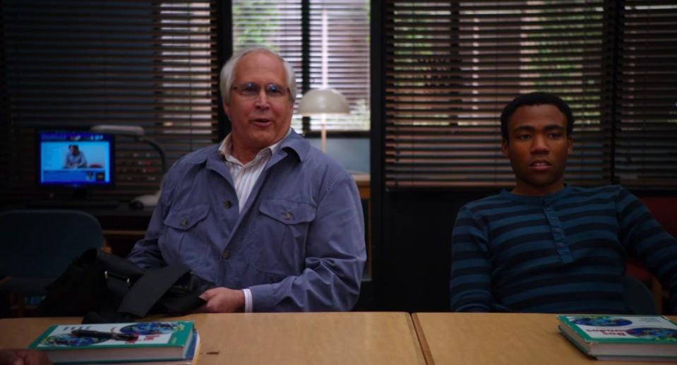 Pierce talking while sitting next to Troy in "Community"