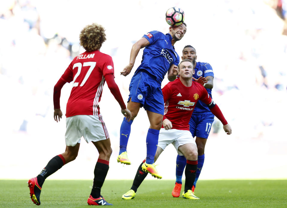 Football Soccer Britain - Leicester City v Manchester United - FA Community Shield - Wembley Stadium - 7/8/16 Leicester City's Danny Drinkwater in action with Manchester United's Wayne Rooney Reuters / Eddie Keogh Livepic EDITORIAL USE ONLY. No use with unauthorized audio, video, data, fixture lists, club/league logos or "live" services. Online in-match use limited to 45 images, no video emulation. No use in betting, games or single club/league/player publications. Please contact your account representative for further details.