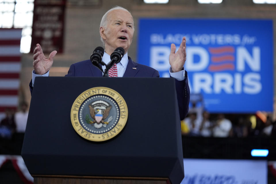 FILE - President Joe Biden speaks during a campaign event at Girard College, May 29, 2024, in Philadelphia. A group that monitors for misinformation found deep problems when it tested the most popular artificial intelligence voice-cloning tools and asked them to create audio of some of the world's leading political figures. (AP Photo/Evan Vucci, File)