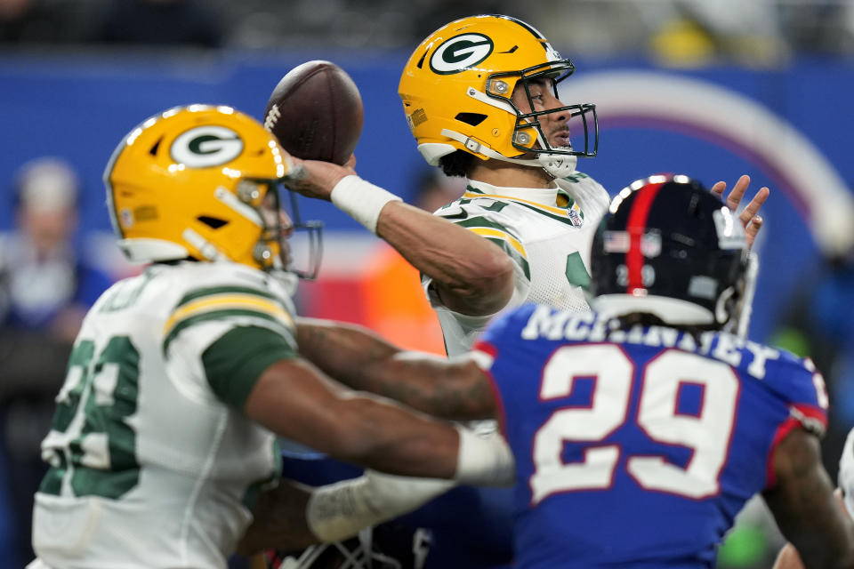 Green Bay Packers quarterback Jordan Love (10) passes against the New York Giants during the fourth quarter of an NFL football game, Monday, Dec. 11, 2023, in East Rutherford, N.J. (AP Photo/Seth Wenig)
