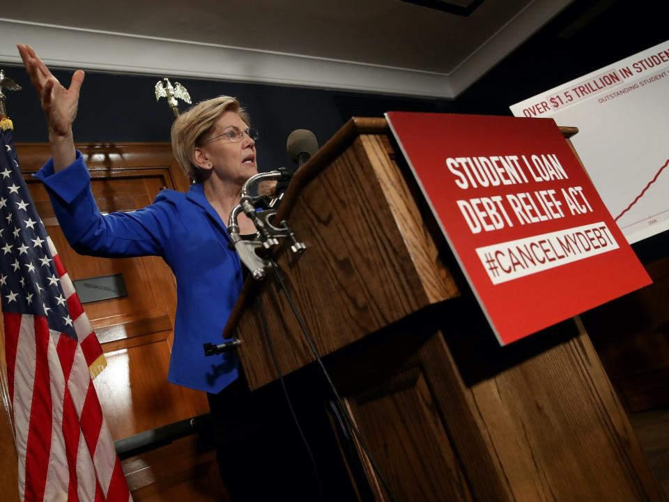 WASHINGTON, DC - JULY 23: Sen. Elizabeth Warren (D-MA) speaks during a press conference on Capitol Hill July 23, 2019 in Washington, DC. Warren spoke with Rep. Jim Clyburn (D-SC) on legislation to cancel student loan debt for millions of Americans.