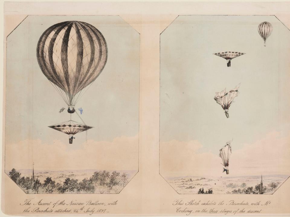 Two side-by-side colored lithographs showing a large balloon floating above a landscape and Cocking's parachute crashing to the ground.