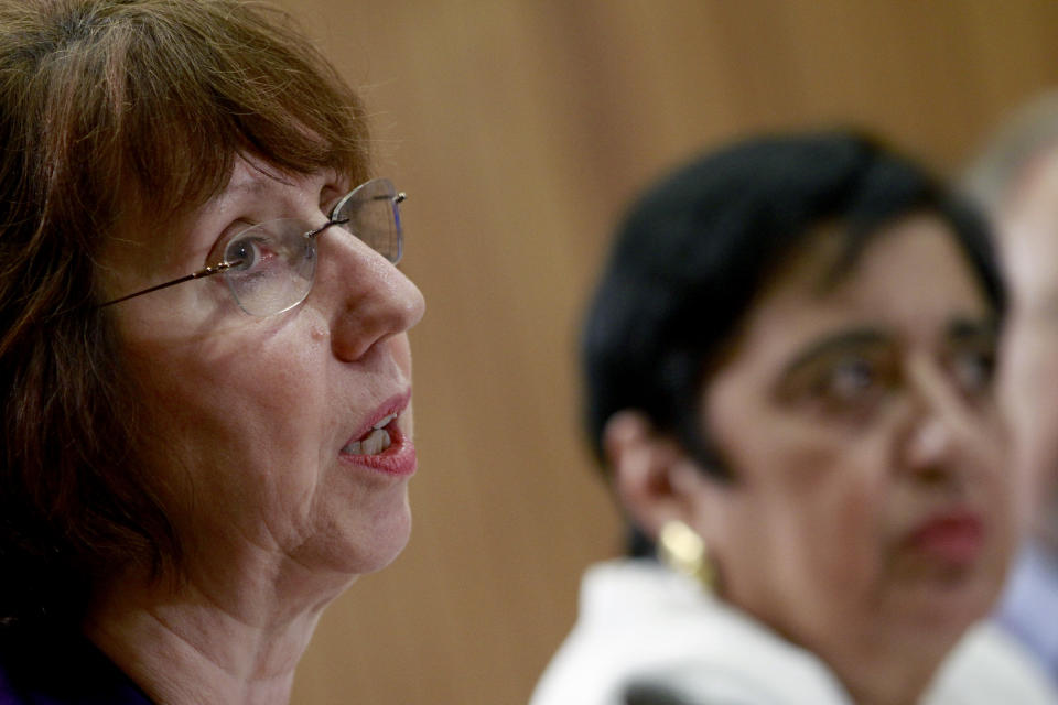 Cyprus' foreign minister Erato Kozakou-Marcoullis, right, and EU foreign policy chief Catherine Ashton speak to the media during a press conference in Cyprus conference center in capital Nicosia, Cyprus, Saturday, Sept. 8, 2012. Ashton said that a top priority for the EU is to offer its full backing to the new U.N.-Arab League envoy to Syria, Lakhdar Brahimi who is set to begin mediation efforts to end the violence between Syrian President Bashar Assad’s regime and opposition groups seeking to topple his rule. (AP Photo/Petros Karadjias)