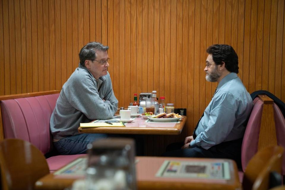 From the HBO limited series “The Staircase”: Colin Firth as Michael Peterson and Michael Stuhlbarg as David Rudolf.