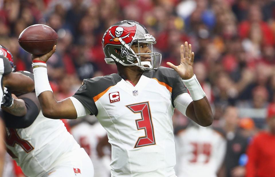 Tampa Bay Buccaneers quarterback Jameis Winston (3) throws a pass against the Arizona Cardinals during the first half of an NFL football game Sunday, Oct. 15, 2017, in Glendale, Ariz. The Cardinals defeated the Buccaneers 38-33. (AP Photo/Ralph Freso)