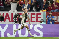 Germany's Niclas Fuellkrug celebrates after scoring his side's first goal during the World Cup group E soccer match between Spain and Germany, at the Al Bayt Stadium in Al Khor , Qatar, Sunday, Nov. 27, 2022. (AP Photo/Matthias Schrader)