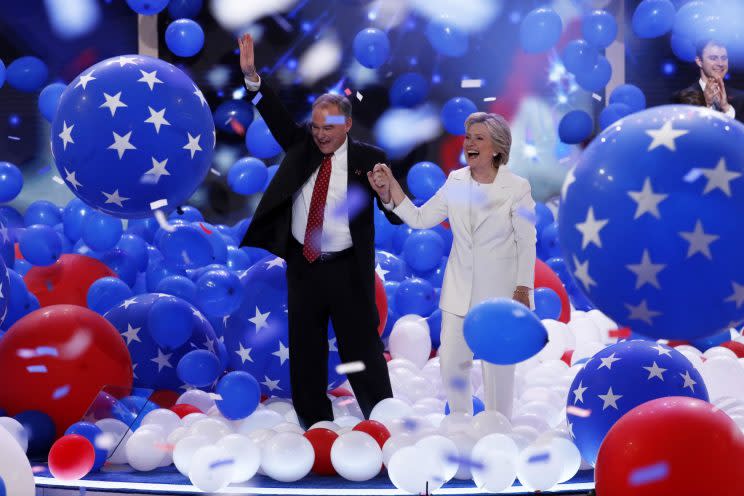 Tim Kaine and Hillary Clinton celebrate on the final day of the Democratic National Convention in Philadelphia, July 28, 2016. (Photo: J. Scott Applewhite/AP)