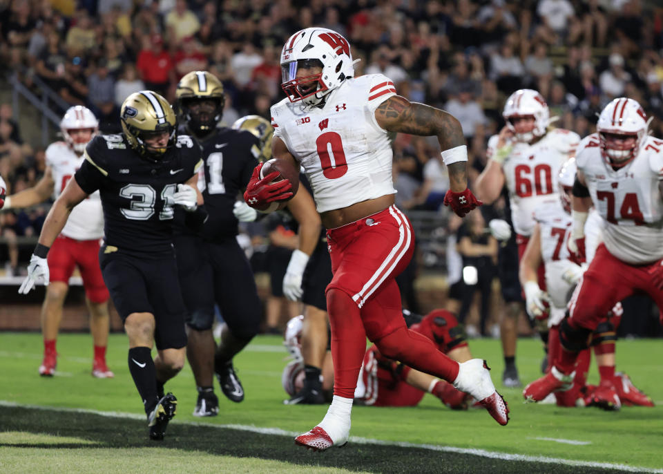 WEST LAFAYETTE, INDIANA – SEPTEMBER 22: Braelon Allen #0 of the Wisconsin Badgers runs the ball for a touchdown during the second half in the game against the Purdue Boilermakers at Ross-Ade Stadium on September 22, 2023 in West Lafayette, Indiana. (Photo by Justin Casterline/Getty Images)