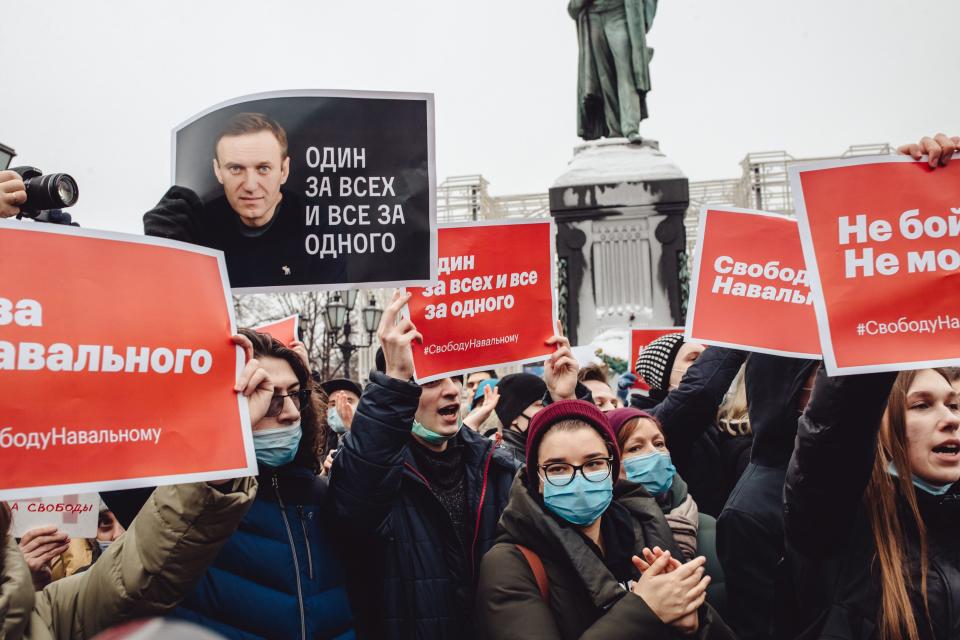 Navalny supporters protest his imprisonment on Jan. 23, 2021, in Moscow.