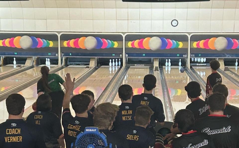 Flat Rock and New Boston Huron compete in a Huron League meet at Flat Rock Lanes Tuesday. Flat Rock ended Huron's 80-match winning streak in the league.