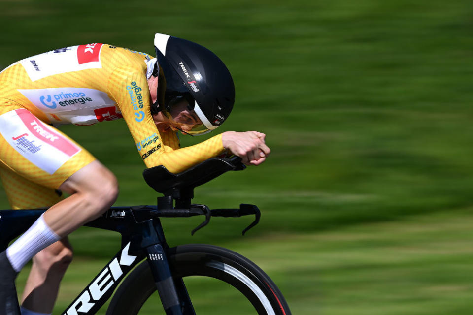 ABTWILL SWITZERLAND  JUNE 18 EDITORS NOTE Alternate crop Mattias Skjelmose Jensen of Denmark and Team TrekSegafredo  Yellow Leader Jersey sprints during the 86th Tour de Suisse 2023 Stage 8 a 257km individual time trial from St Gallen to Abtwil  UCIWT  on June 18 2023 in Abtwil Switzerland Photo by Dario BelingheriGetty Images