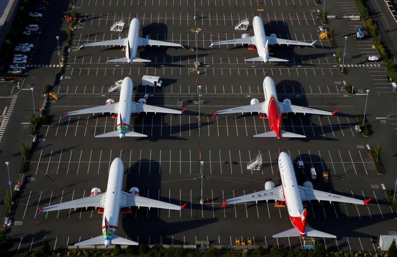 FILE PHOTO: Boeing 737 Max aircraft are parked in a parking lot at Boeing Field in this aerial photo taken over Seattle