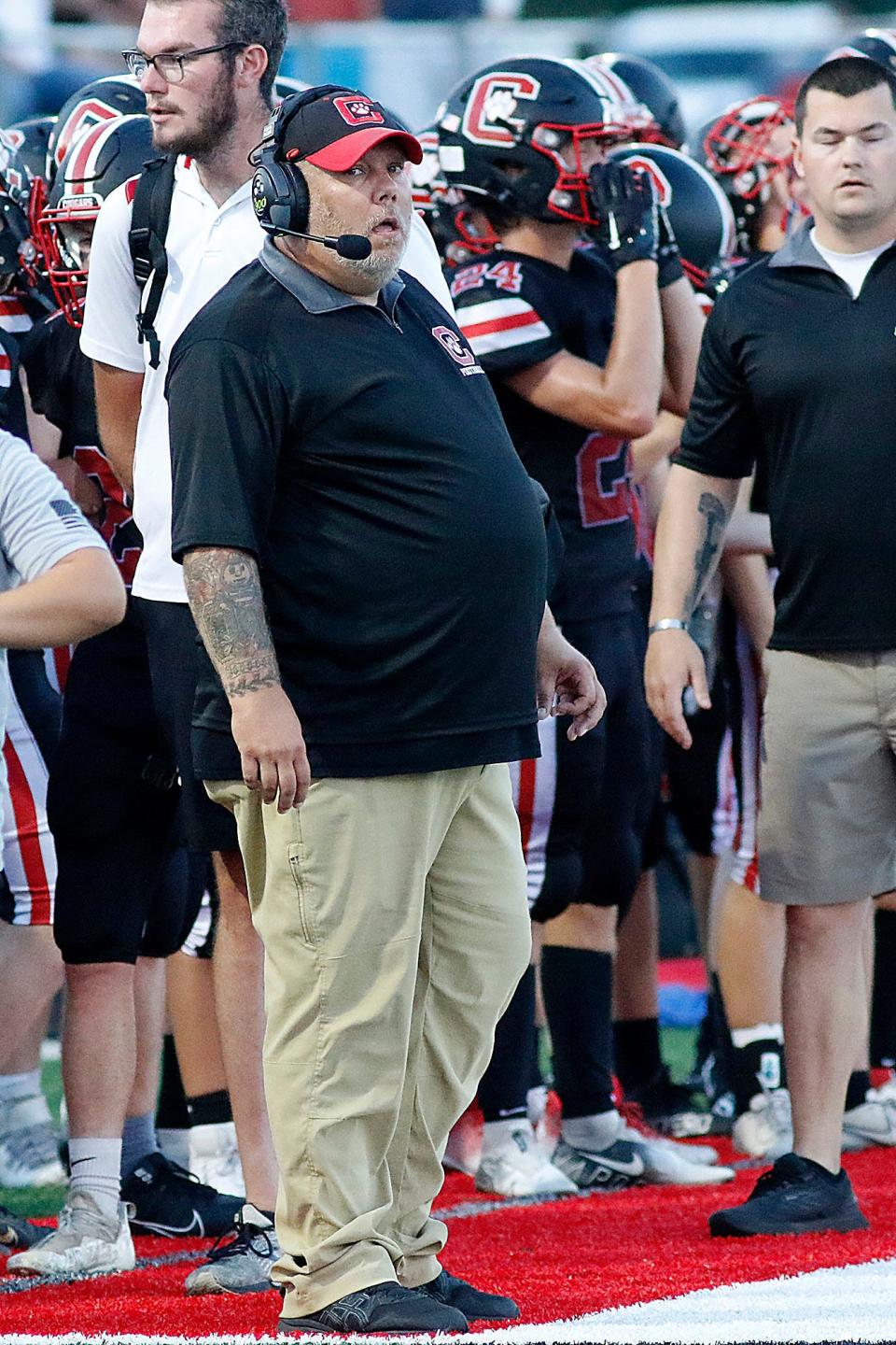 Crestview High School's head coach Steve Haverdill is seen on the sidelines against Highland High School during football action at Crestview High School Friday, Sept. 2, 2022. TOM E. PUSKAR/ASHLAND TIMES-GAZETTE