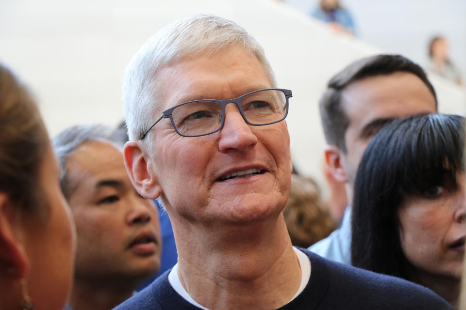 10 September 2019, US, Cupertino: Tim Cook, managing director of Apple, talks to visitors of the launch event after his performance on the stage of the Steve Jobs Theater on the company campus. Photo: Christoph Dernbach/dpa (Photo by Christoph Dernbach/picture alliance via Getty Images)