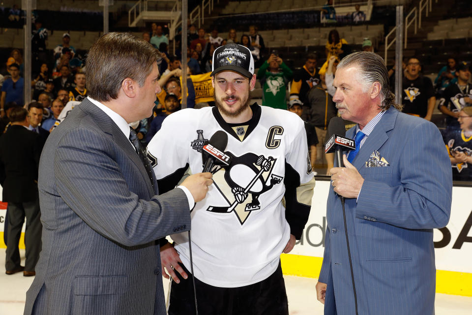 SAN JOSE, CA - JUNE 12: Sidney Crosby #87 of the Pittsburgh Penguins is interviewed by Steve Levy and Barry Melrose of ESPN after his teams 3-1 victory to win the Stanley Cup against the San Jose Sharks in Game Six of the 2016 NHL Stanley Cup Final at SAP Center on June 12, 2016 in San Jose, California. The Pittsburgh Penguins defeat the San Jose Sharks 3-1. (Photo by Christian Petersen/Getty Images)