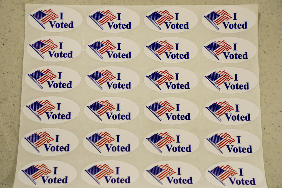 "I Voted" stickers are set out at a polling place in Newtown, Pa., Tuesday, April 23, 2024. (AP Photo/Matt Rourke)