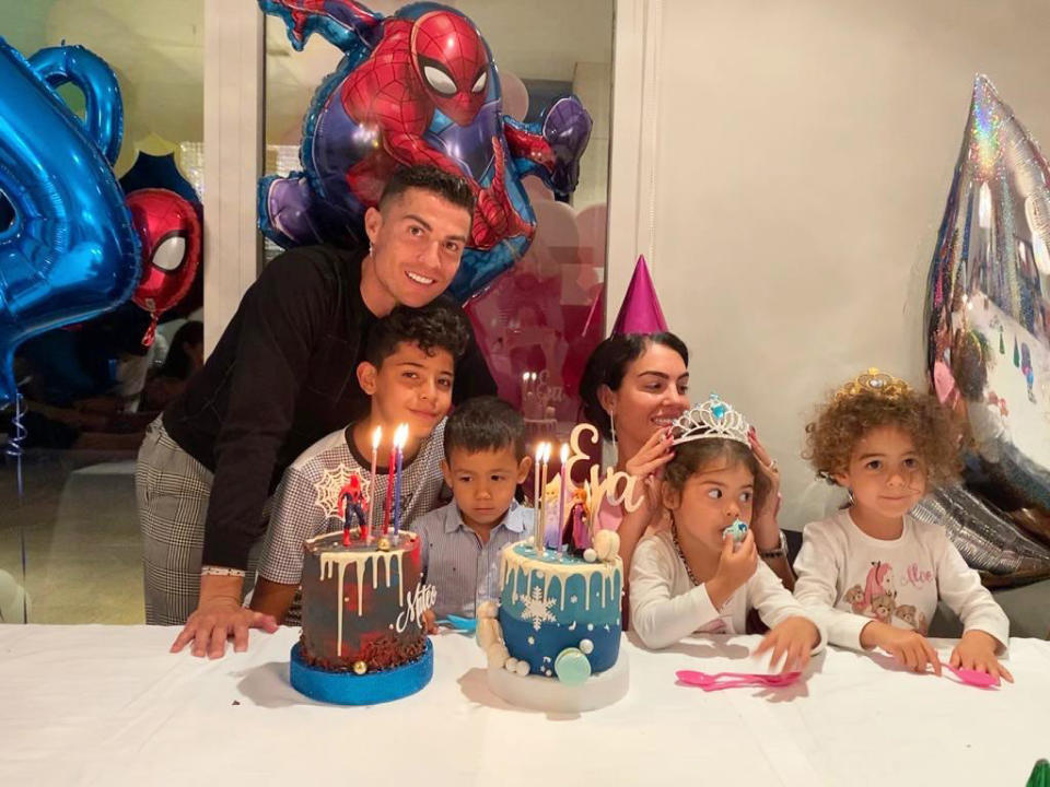 <p>Cristiano Ronaldo's <a href="https://people.com/parents/cristiano-ronaldo-welcomes-twins-first-photo/" rel="nofollow noopener" target="_blank" data-ylk="slk:twins, son Mateo and daughter Eva Maria;elm:context_link;itc:0;sec:content-canvas" class="link ">twins, son Mateo and daughter Eva Maria</a>, turned 4 on June 5.</p>