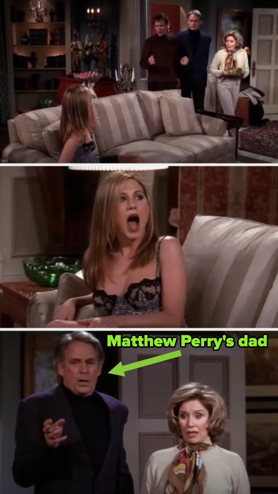 Josh's parents walk in and look shocked as Rachel is in lingerie — Josh's dad is labeled "Matthew Perry's dad"