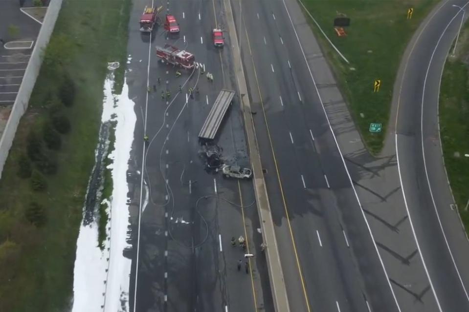 Aerial footage shows the remains from the tanker crash and fire on I-95 in Norwalk, Ct. WFSBnews