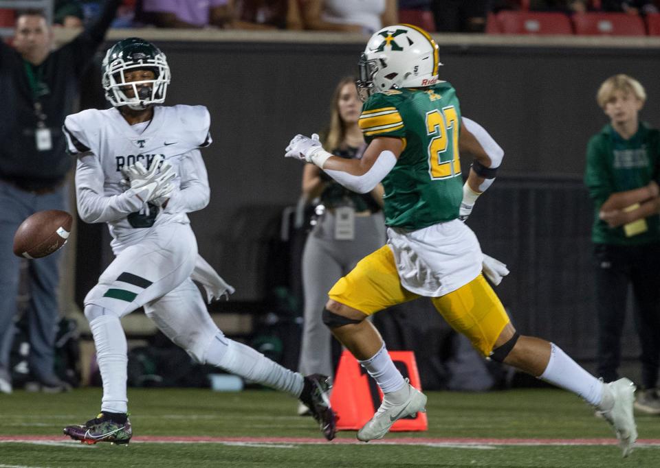 Trinity's Isaac Bowman can't haul in a pass in the end zone against St. Xavier's Samuel Crsum at Louisville's Cardinal Stadium. Sept. 23, 2022