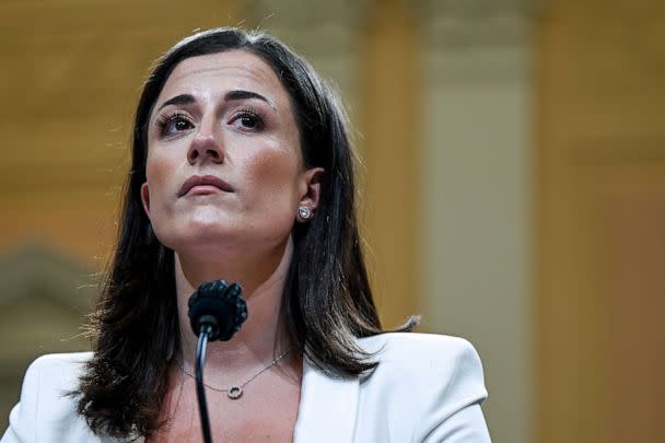 PHOTO: Cassidy Hutchinson, a top former aide to Trump White House Chief of Staff Mark Meadows, testifies during the sixth hearing by the House Select Committee on the January 6th insurrection, June 28, 2022. (Brandon Bell/Getty Images)