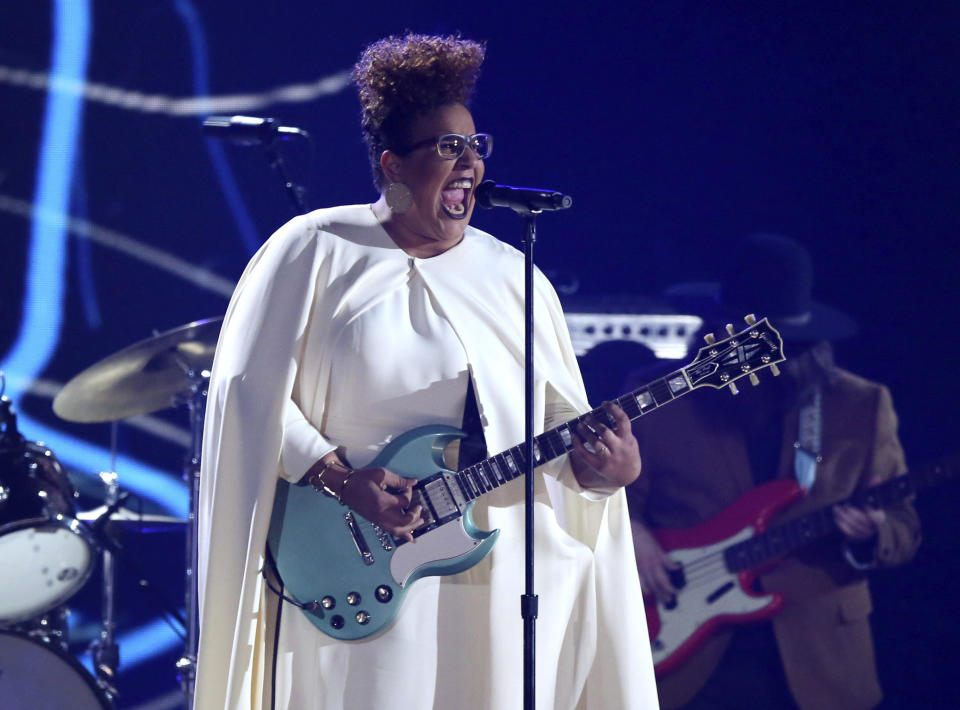 FILE - This Feb 15, 2016 file photo shows Brittany Howard of Alabama Shakes performing at the 58th annual Grammy Awards in Los Angeles. Howard's solo album “Jaime” is up for two Grammy Awards at Sunday's ceremony. Her song “History Repeats” competes for best rock performance and best rock song. (Photo by Matt Sayles/Invision/AP, File)