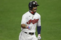 Cleveland Indians' Francisco Lindor reacts as he runs the bases after hitting a two-run home run in the sixth inning in a baseball game against the Minnesota Twins, Tuesday, Aug. 25, 2020, in Cleveland. (AP Photo/Tony Dejak)