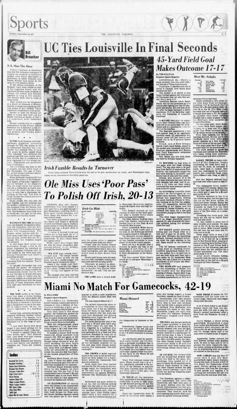 Sept. 18, 1977 Cincinnati Enquirer coverage of Cincinnati vs. Louisville football game.
