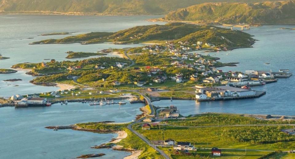 A view of the island of Sommaroey in northern Norway from above, where for 69 days a year the sun does not set..